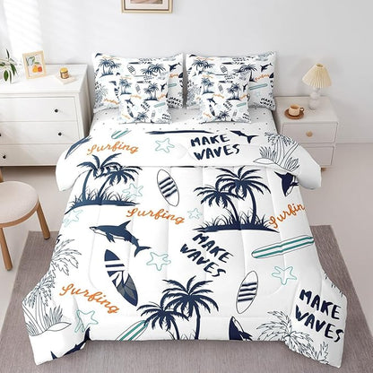 Feelyou Ocean Beach Comforter Set King Size 7 Pcs Kids Summer Tropical Comforter Bed in a Bag Shark Palm Tree Bedding Set for Boys Girls Teens Surfing Bed Set with Sheets, Pillowcases, Pillow Covers