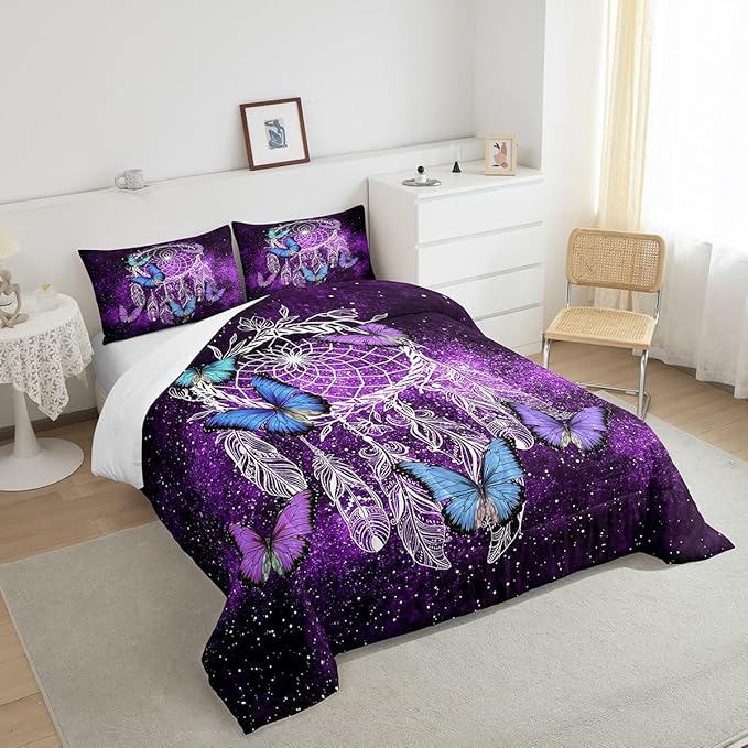 Butterfly Dream Catcher Comforter Set for Kids Teens Girls,Mandala Feather Bedding Down Comforter King Size,Bohemian Duvet Insert,Galaxy Theme Luxury Microfiber Quilt for Girly Woman,Purple
