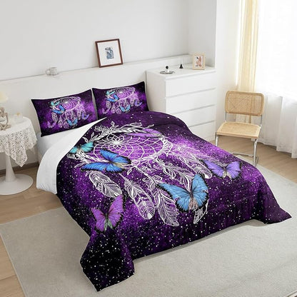 Butterfly Dream Catcher Comforter Set for Kids Teens Girls,Mandala Feather Bedding Down Comforter King Size,Bohemian Duvet Insert,Galaxy Theme Luxury Microfiber Quilt for Girly Woman,Purple