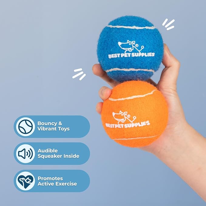 Best Pet Supplies Interactive Squeaky Dog Chew Toy, Ideal Dog Toys for Chewers, Small, Medium & Large Dogs, and Fetch Lovers - Tennis (Assorted Color), Large (Pack of 4)