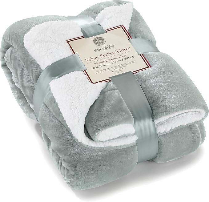 Genteele Sherpa Throw Blanket Super Soft Reversible Ultra Luxurious Plush Blanket, 60 x 80 inches, Sage/White