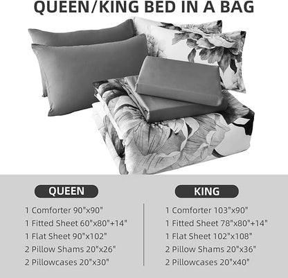 Dobuyly Grey Queen Comforter Set 7 Piece Bed in a Bag, Gray Floral Printed on White Comforter Set with Sheets, Soft Microfiber Botanical Farmhouse Bedding Set for All Season