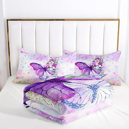 Violet Butterfly Comforter Set 3 Pieces Bedding Set for Kids Teen Boys King Size ，Cute Flower Butterfly Bedding Set for Bedroom Soft Microfiber All Season 3pcs(1 Comforter & 2 Pillowcases)