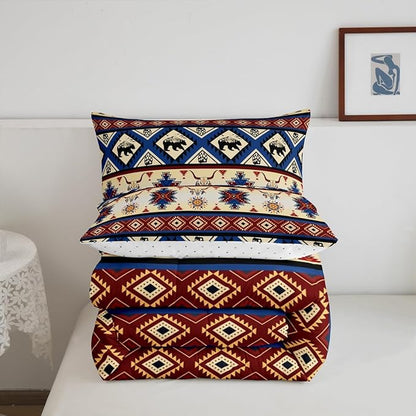 Erosebridal Black Bear Bedding Sets Exotic Bull Skull Western Comforter Set King,Ethnic Tribe Arrow Aztec Quilt Tribal Geometric Diamond Duvet Insert,Woodland Animals Boho Western Decor,Red Blue