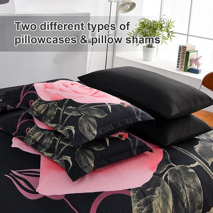 Xruibed Blush Comforter Set Queen 7 Piece Bed in a Bag Blush Rose Flower Comforter with Sheet Set Soft Micorfiber Bedding Set (1 Comforter,2 Pillow Shams,1 Flat Sheet,1 Fitted Sheet,2 Pillowcases)