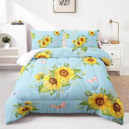 Sunflower Blue Comforter Set Full Size for Women Adults,3 Piece Butterfly Floral Bedding Set,Microfiber Quilts with 2 Shams Soft Lightweight Quilt Room Decor,Blue