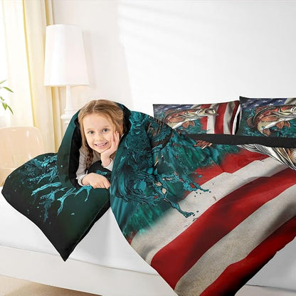 American Flag Bass Fishing Twin Bedding Set for Boys Girls - Fisherman Comforter USA Flag Duvet Insert Big Pike Fish Lures Hook Hunting Decor Quilt Farmhouse Decor