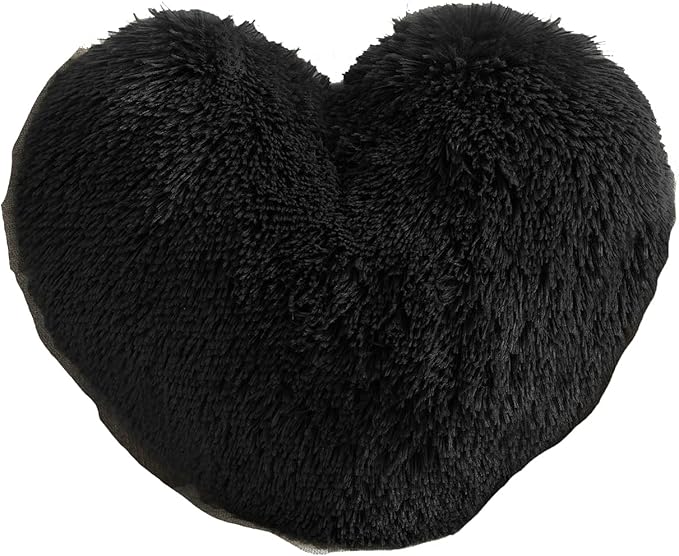MorroMorn Fluffy Heart Throw Pillows, Shaggy Decorative Pillow for Sofa Couch Bed, Cute Room Decor Decorations for Women Girls Kids (Black)