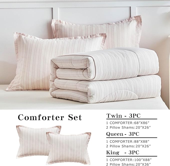 Joyreap 3pcs Cotton Comforter Set King, Blush Pink Stripes Design for Girls, Soft Cozy Lightweight Bedding Comforter Set for All Seasons- 100x88 inches