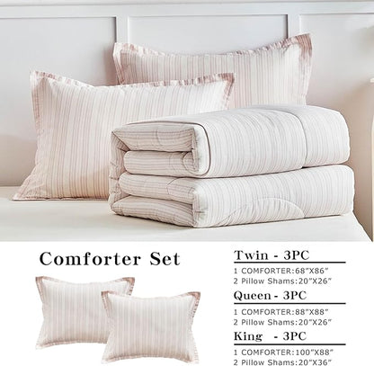 Joyreap 3pcs Cotton Comforter Set Queen, Blush Pink Stripes Design for Girls, Soft Cozy Lightweight Bedding Comforter Set for All Seasons- 88x88 inches