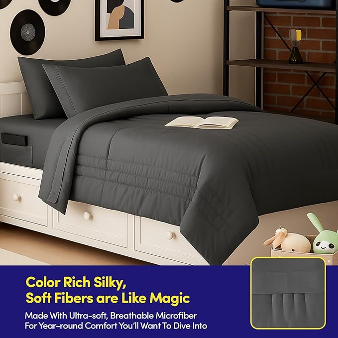 Queen Comforter Set Quilted Stripe Bedding Bundle – Stylish Set with Comforter, Mattress Protector, Sheet Set & Pillow Shams — Sophisticated Striped Design for Home & Guest Rooms, Charcoal