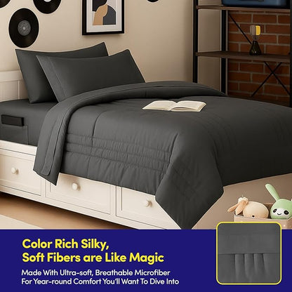 Full Size Comforter Set Quilted Stripe Bedding Bundle – Stylish Set with Comforter, Mattress Protector, Sheet Set & Pillow Shams — Sophisticated Striped Design for Home & Guest Rooms, Charcoal
