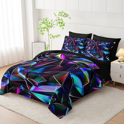 7 Piece Purple Geometric Abstract Pattern Comforter Set King Size，Abstract Diamond Print Bedding King，(1 Comforter, 1 Flat Sheet, 1 Fitted Sheet, 2 Pillowcase and 2 Pillow Sham)