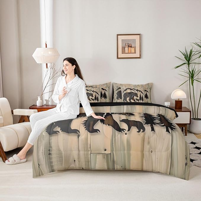 Erosebridal Rustic Cabin Bear 7 Piece Comforter Set Full | Jungle Hunting Wildlife Bed in A Bag Wild Animals Sheet Set Reversible Grain Barn Door Farmhouse Fitted Sheet Breathable Lightweight