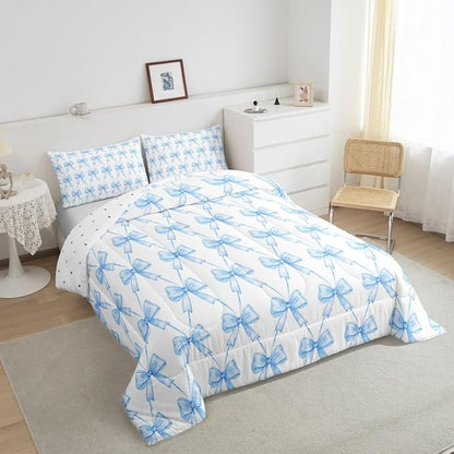 Feelyou Blue Bow Comforter Set Full Size Cute Bowknot Bedding Set Boys Girls Kawaii Comforter for Kids Women Men Bow and Stripes Duvet Set 3Pcs