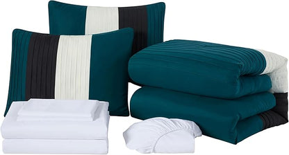 Chezmoi Collection Briar 7-Piece Full Bed in a Bag - All Season Lightweight Microfiber Comforter Set - Includes Sheets & Shams - Teal/Black/White Pleated Stripe Design