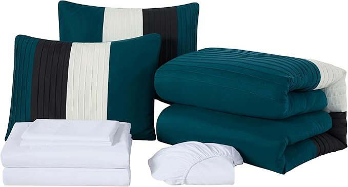 Chezmoi Collection Briar 7-Piece Queen Bed in a Bag - All Season Lightweight Microfiber Comforter Set - Includes Sheets & Shams - Teal/Black/White Pleated Stripe Design