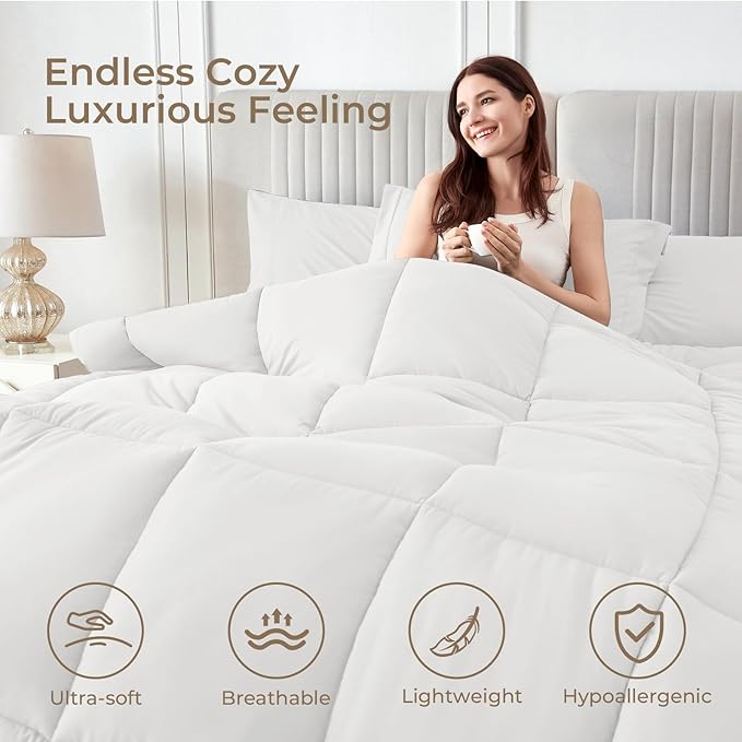 Sasttie Oversized Queen Comforter Set, 7 Pieces Reversible Bed in a Bag, Complete Bedding Set Includes 98''x98'' Comforter, Flat Sheet, Fitted Sheet, Pillowcases and Pillow Shams, Ivory