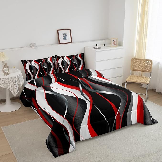 Feelyou Red Grey Black Comforter Set Geometric Spiral Pattern Duvet Set for Kids Boys Girl Modern Abstract Inner Fill Bedding Set Grey White Comforter 1 Comforter Set with 2 Pillowcases Queen Size