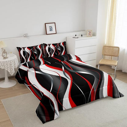 Feelyou Red Grey Black Comforter Set Geometric Spiral Pattern Duvet Set for Kids Boys Girl Modern Abstract Inner Fill Bedding Set Grey White Comforter 1 Comforter Set with 2 Pillowcases Full Size