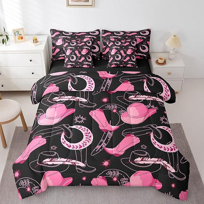 Feelyou Pink Western Cowgirl Comforter Set with Sheets King Size Kids West Cowboy 7 Pieces Bedding Set for Boys Girls Teens Rodeo Horseshoe Hat Bed in a Bag Grunge Design Bed Set Sun Moon