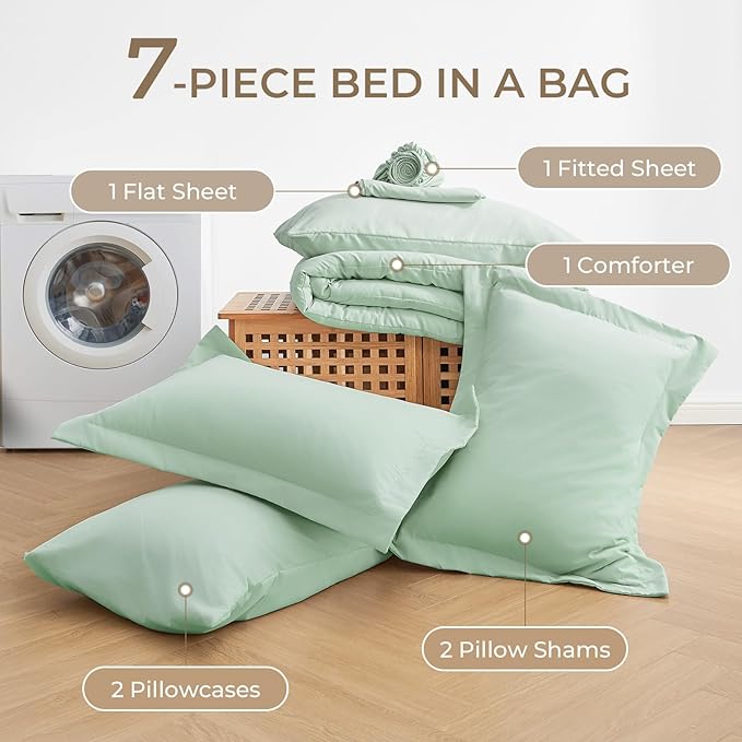 Sasttie Queen Comforter Set, 7 Pieces Bed in a Bag Queen, Complete Bedding Set Includes Comforter, Flat Sheet, Fitted Sheet, Pillowcases and Pillow Shams, Sage