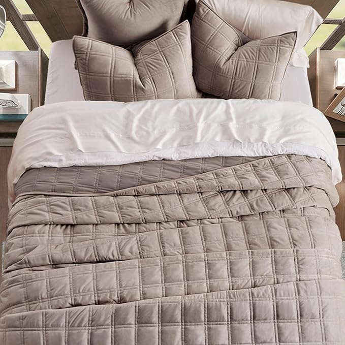 EVERGRACE 3 Pieces Luxurious Velvet Quilt King Size, Ultra Soft Bedspread Coverlet Set, Double Box Stitch Lightweight Velvet Comforter for All Season with 2 Shams, Truffle Taupe, 108"x96"