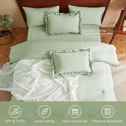MR&HM King Size Comforter Set Light Green, Comforter Set 7 Pieces for Girls Women, Shabby Chic Vintage Cottagecore Bed Sets Elegance Boho Bed in a Bag, Ultra-Soft & Fluffy Comforter for All Season