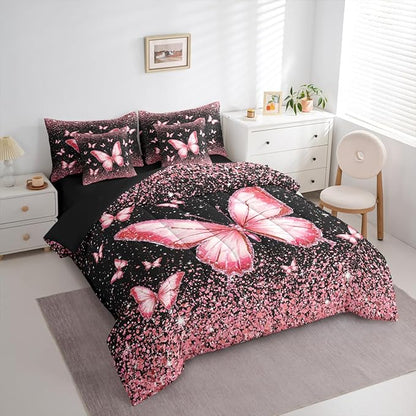 Feelyou Pink Butterfly 7 Piece Bedding Set Glitter Print Comforter Set with Sheets for Kids Boys Girls Pretty Animal Bed in a Bag Beautiful Butterfly Bed Set Soft Lightweight