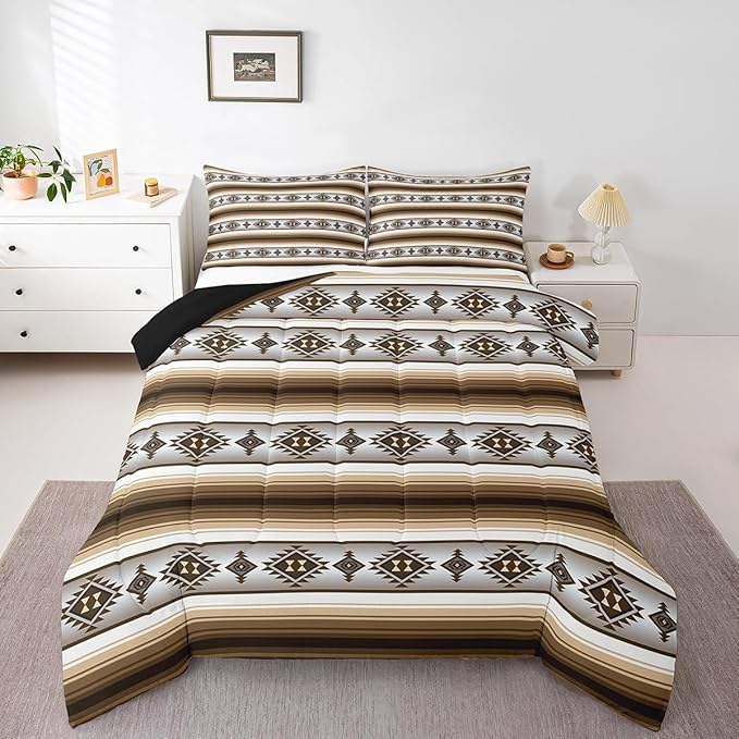 Erosebridal Rustic Lodge Cabin Comforter Set Toddler Western Boho Bedding Sets Bohemian Striped Aztec Quilt Comforter for Kids Adults Men Retro Brown Country Bed Set Farmhouse Home Decor 2 Pcs