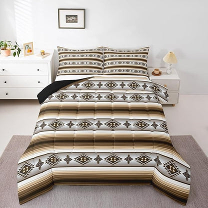 Erosebridal Rustic Lodge Cabin Comforter Set Toddler Western Boho Bedding Sets Bohemian Striped Aztec Quilt Comforter for Kids Adults Men Retro Brown Country Bed Set Farmhouse Home Decor 2 Pcs