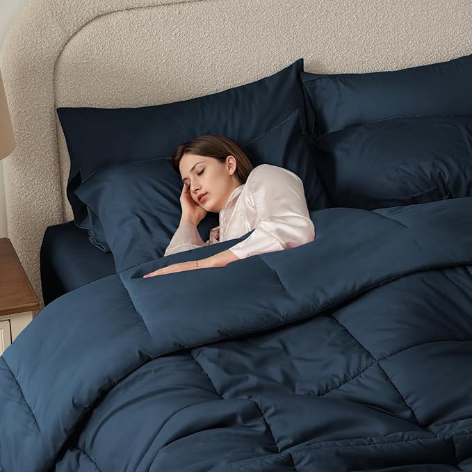 Anluoer Queen Size Bed in a Bag 7 Pieces, Navy Blue Bed Comforter Set with Sheets, All Season Bedding Sets with 1 Comforter,2 Pillow Shams,2 Pillowcases, 1 Flat Sheet,1 Fitted Sheet