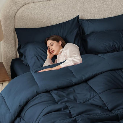 Anluoer Queen Size Bed in a Bag 7 Pieces, Navy Blue Bed Comforter Set with Sheets, All Season Bedding Sets with 1 Comforter,2 Pillow Shams,2 Pillowcases, 1 Flat Sheet,1 Fitted Sheet