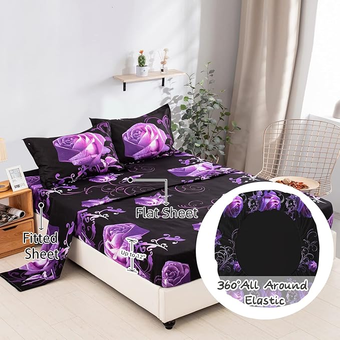 Floral Comforter Set California King 7 Piece Bed in a Bag Purple Rose Flower Comforter with Sheet Set Soft Micorfiber Bedding Set (1 Comforter,2 Pillow Shams,1 Flat Sheet,1 Fitted Sheet,2 Pillowcases)