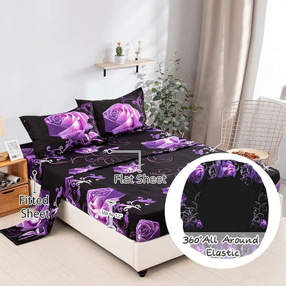 Floral Comforter Set California King 7 Piece Bed in a Bag Purple Rose Flower Comforter with Sheet Set Soft Micorfiber Bedding Set (1 Comforter,2 Pillow Shams,1 Flat Sheet,1 Fitted Sheet,2 Pillowcases)