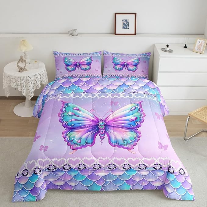 Erosebridal Butterfly Toddler Size Bedding Set 2 Piece, Mermaid Scales Down Comforter for Kids Girls Women Room, Kawaii Love Heart Comforter Set, Dreamy Princess Maeine Life Quilt, Purple Blue