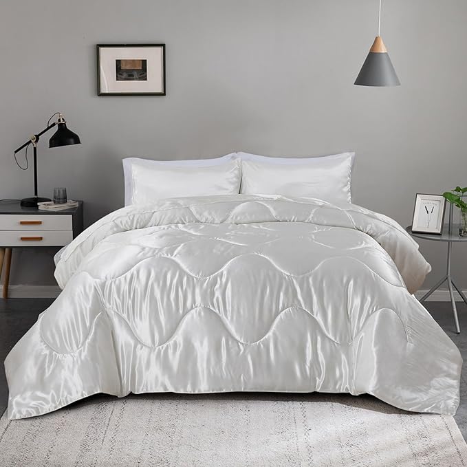 A Nice Night Satin Silky Soft Quilt Luxury Super Soft Microfiber Bedding Comforter Set Full/Queen, Light Weighted (White, Queen)