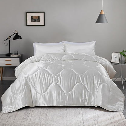 A Nice Night Satin Silky Soft Quilt Luxury Super Soft Microfiber Bedding Comforter Set Full/Queen, Light Weighted (White, Queen)