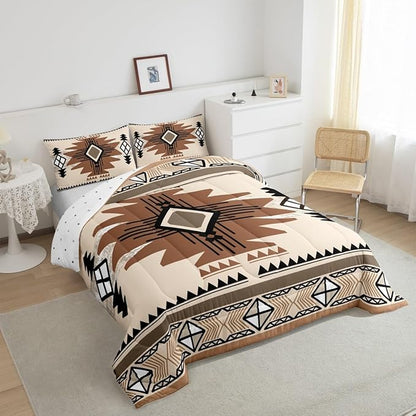 Feelyou Boho Comforter Set Toddler Size Southwest Native American Design Comforter Southwestern Geometric Bedding Set Western Decor Duvet Set Beige Brown Quilt Set