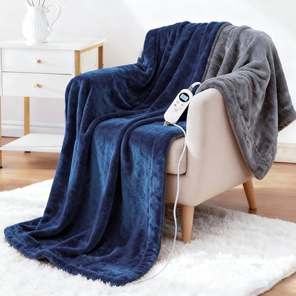 Electric Heated Blanket Throw 50''x60'' – Soft Dual-Sided Flannel, 12 Heat Settings, Smart Timer, ETL & FCC Certified, Machine Washable (Blue & Gray, Single(50"x60"))