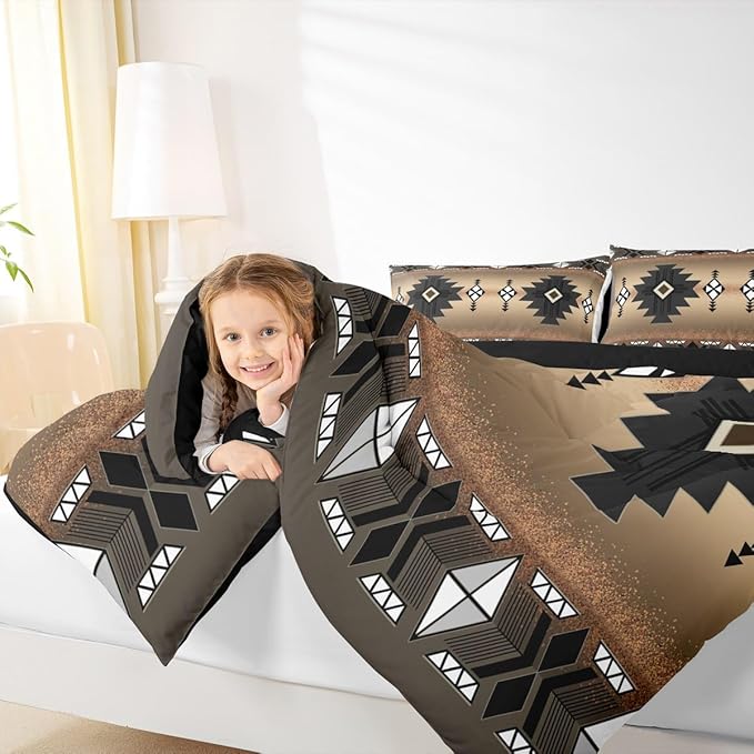 Erosebridal Western Aztec Bedding Set for Boys, Native Tribal Ethnic Comforter Set Twin Size Farmhouse Boho Geometric Duvet Insert Southwestern Ethnic American Native Quilt for Adult, Brown Black