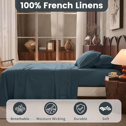 100% Linen Sheets Queen Size,Breathable & Durable 4-Piece Bed Flax Sheet Set,Soft All-Season Bedding for Hot Sleepers 16" Deep Pocket Oeko-TEX Certified,（Queen, Navy Grey）
