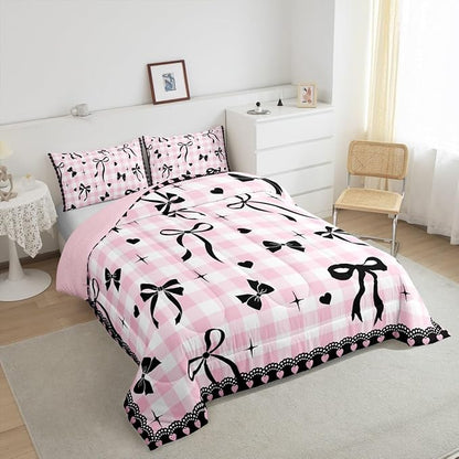 Black Bow Comforter Set King Size,Kids Girls Bowknot Bedding Set 3Pcs,White Pink Plaid Check Quilted Duvet for Teens Young Woman Room Decor,Sweet Love Lace Stripes Down Comforter,2 Pillowcases