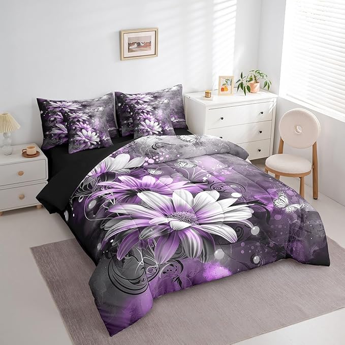 Feelyou Girls Vintage Flower Comforter Set with Sheets King Size 7 Pieces Kids Purple Daisy Florals Pattern Bedding Set for Boys Women Teens Butterfly Botanical Nature Garden Theme Bed in a Bag