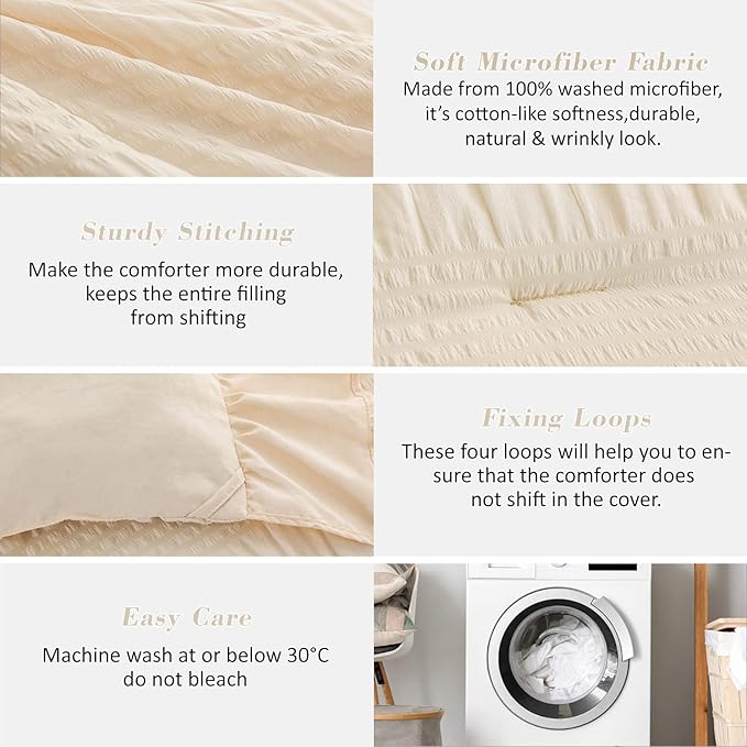 Twin Comforter Set, Seersucker Vintage Comforter Ultra-Soft Bedding Set Twin/Twin XL 3 Piece Set, Down Alternative Light Weight Comforter Set (Beige, Twin 68"x90")