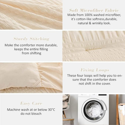 Twin Comforter Set, Seersucker Vintage Comforter Ultra-Soft Bedding Set Twin/Twin XL 3 Piece Set, Down Alternative Light Weight Comforter Set (Beige, Twin 68"x90")