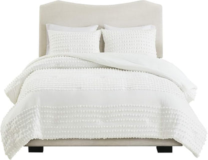 Comfort Spaces Cotton Comforter Set Jacquard Pom-Pom Tufts Design, Down Alternative, All Season Modern Bedding, Matching Shams, Full/Queen, Phillips, Ivory