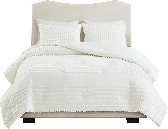 Comfort Spaces Cotton Comforter Set Jacquard Pom-Pom Tufts Design, Down Alternative, All Season Modern Bedding, Matching Shams, Twin/Twin XL, Phillips, Ivory