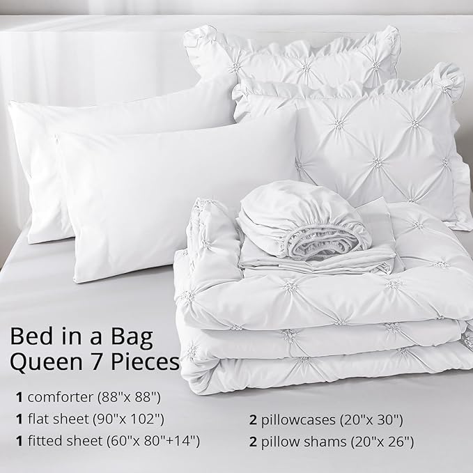 JOLLYVOGUE Queen Comforter Set 7 Pieces, White Bed in a Bag Comforter Set for Bedroom, Bedding Comforter Sets with Comforter, Sheets,Ruffled Shams & Pillowcases