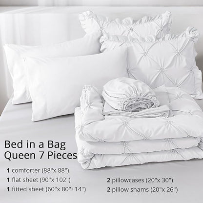 JOLLYVOGUE Queen Comforter Set 7 Pieces, White Bed in a Bag Comforter Set for Bedroom, Bedding Comforter Sets with Comforter, Sheets,Ruffled Shams & Pillowcases